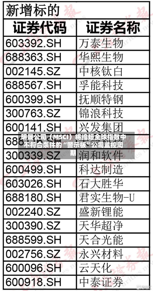 明晟公司（MSCI）将缩短全球指数中不符合条件的“警示板”公司监控周期