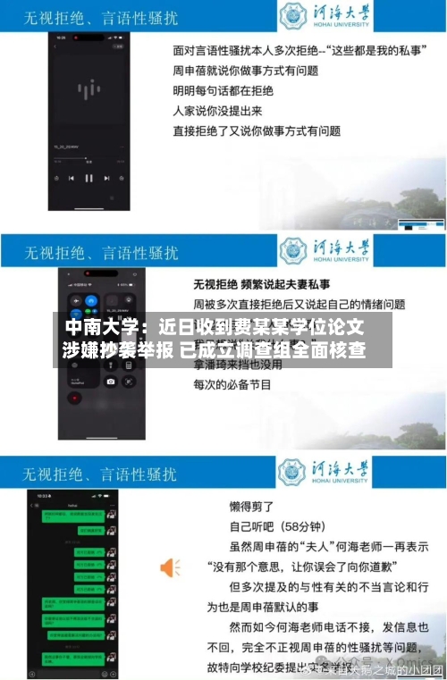 中南大学：近日收到费某某学位论文涉嫌抄袭举报 已成立调查组全面核查