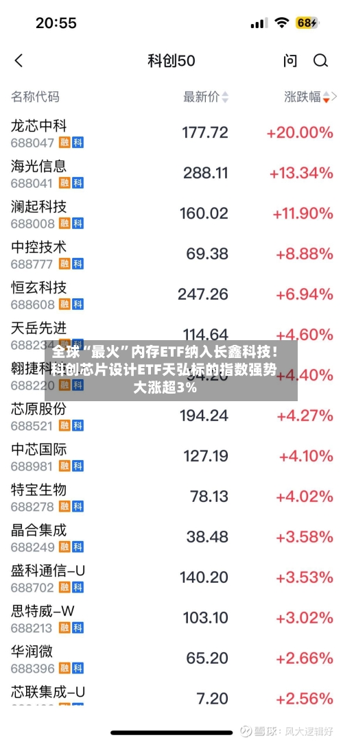 全球“最火”内存ETF纳入长鑫科技！科创芯片设计ETF天弘标的指数强势大涨超3%-第2张图片